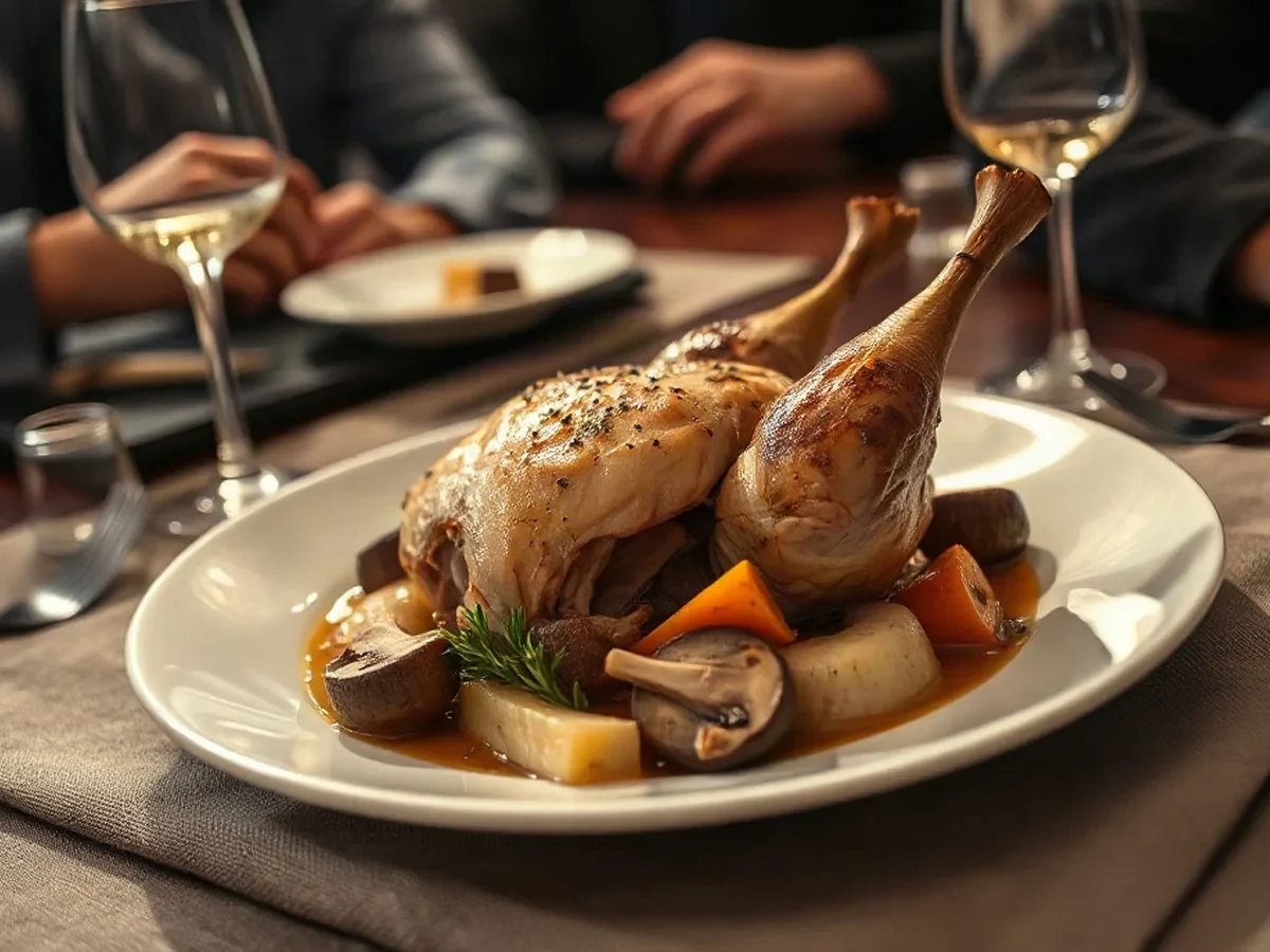 Volaille aux champignons, légumes racines et jus aux herbes