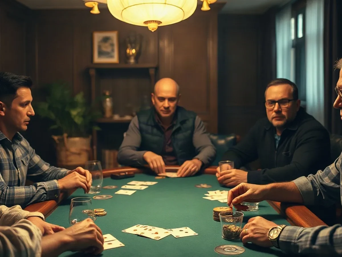 Adultes réunis autour d’une table de poker en salle