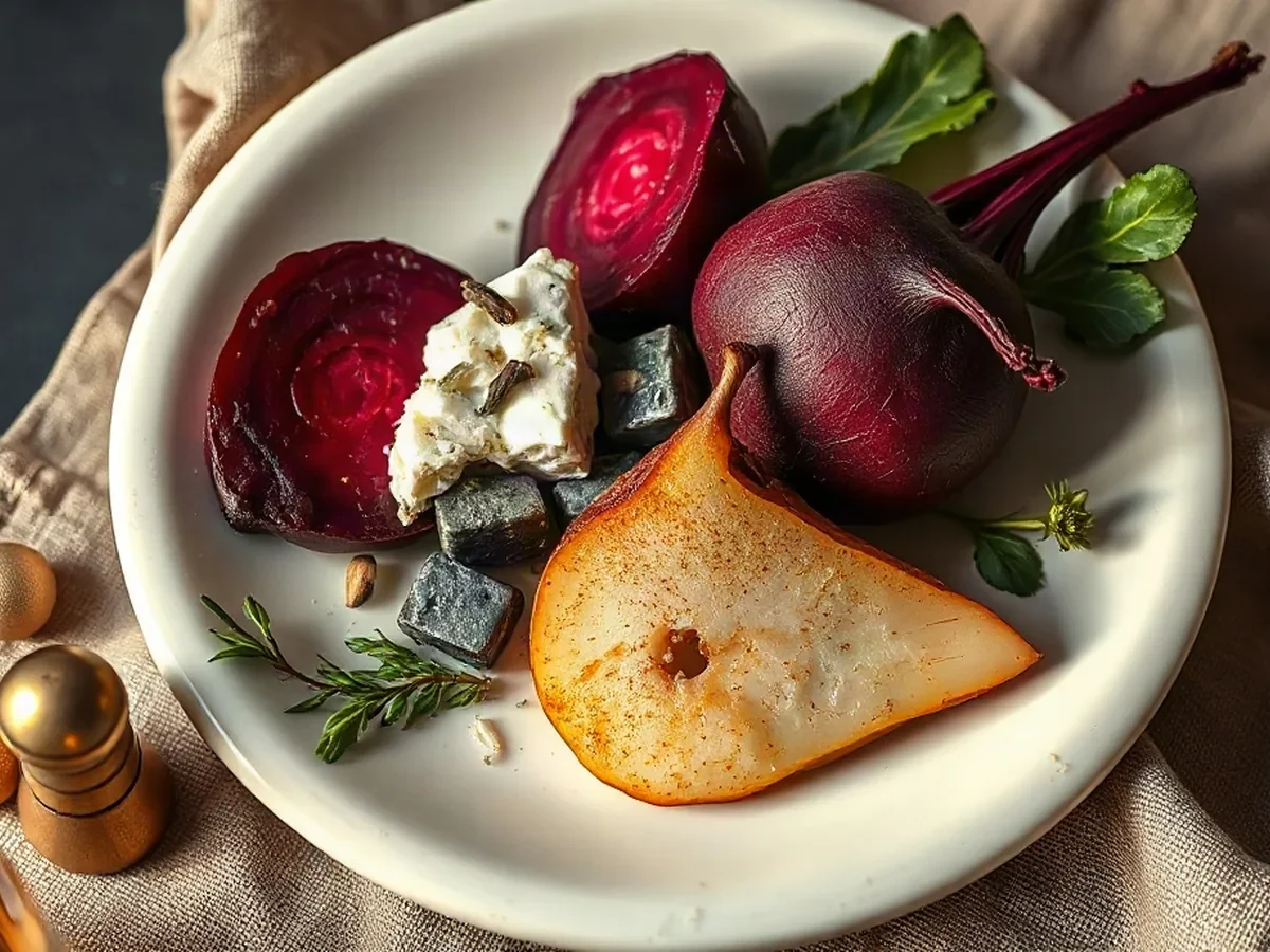 Betteraves rôties, poire, chèvre frais et herbes de saison